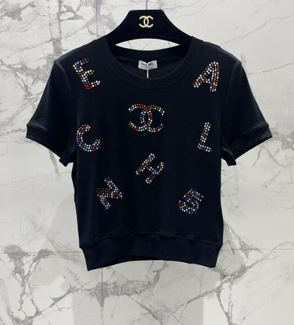 Colorful Rhinestone Letter T-Shirt