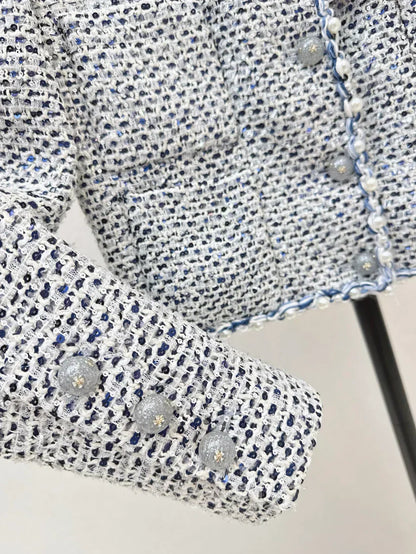 Pearl-Embellished Cropped Tweed Jacket