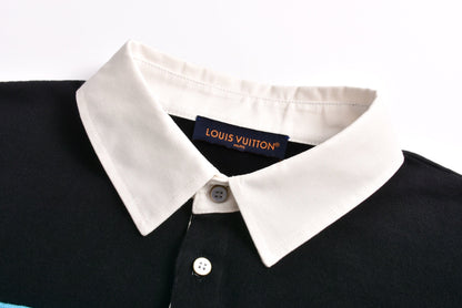 25SS Black and green color blocked jacquard logo knitted polo shirt