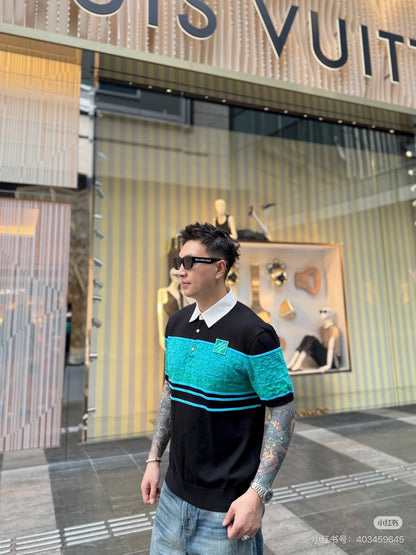 25SS Black and green color blocked jacquard logo knitted polo shirt