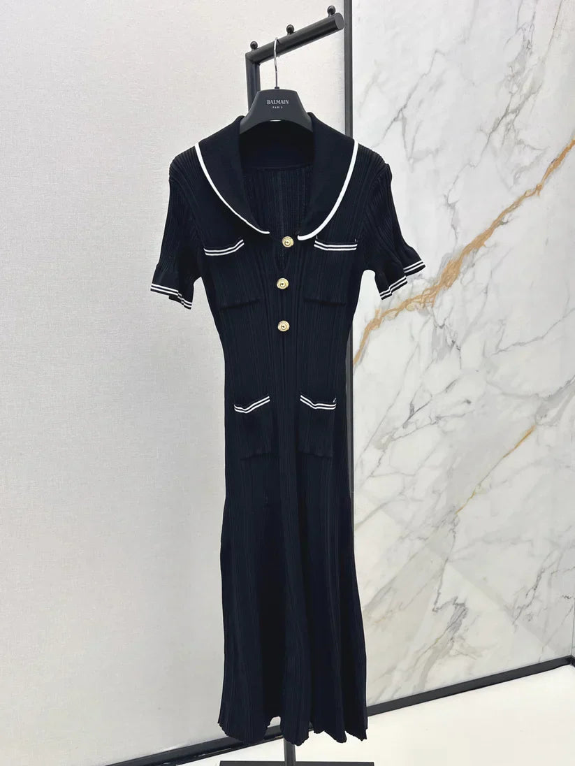 Chic Gold Button Ribbed Knit Dress