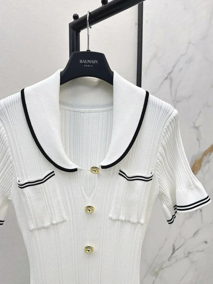 Chic Gold Button Ribbed Knit Dress