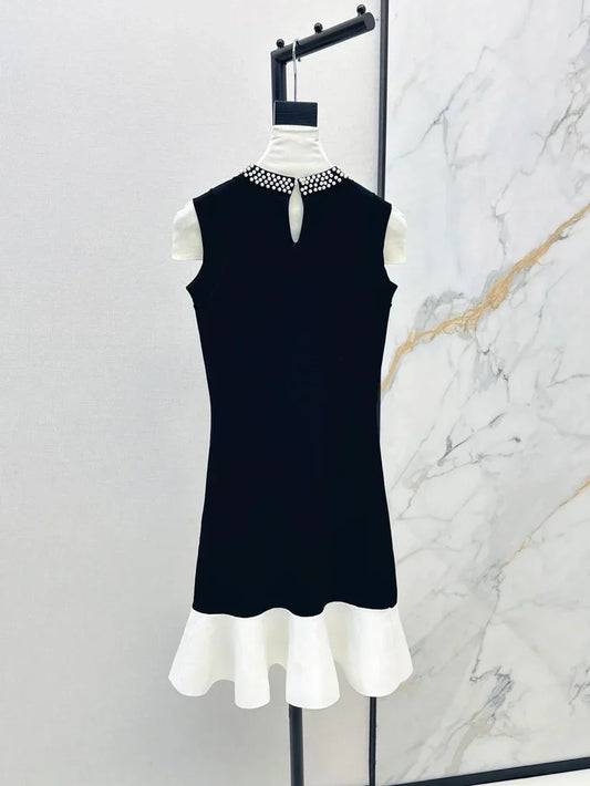 Pearl Neckline Black and White Contrast Dress