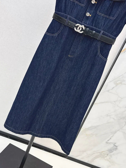 Back Pocket Embroidered Denim Midi Skirt