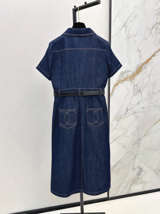 Back Pocket Embroidered Denim Midi Skirt