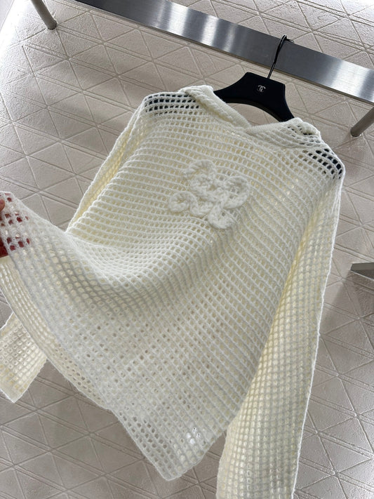 25fw Embroidered hollow hooded pullover sweater
